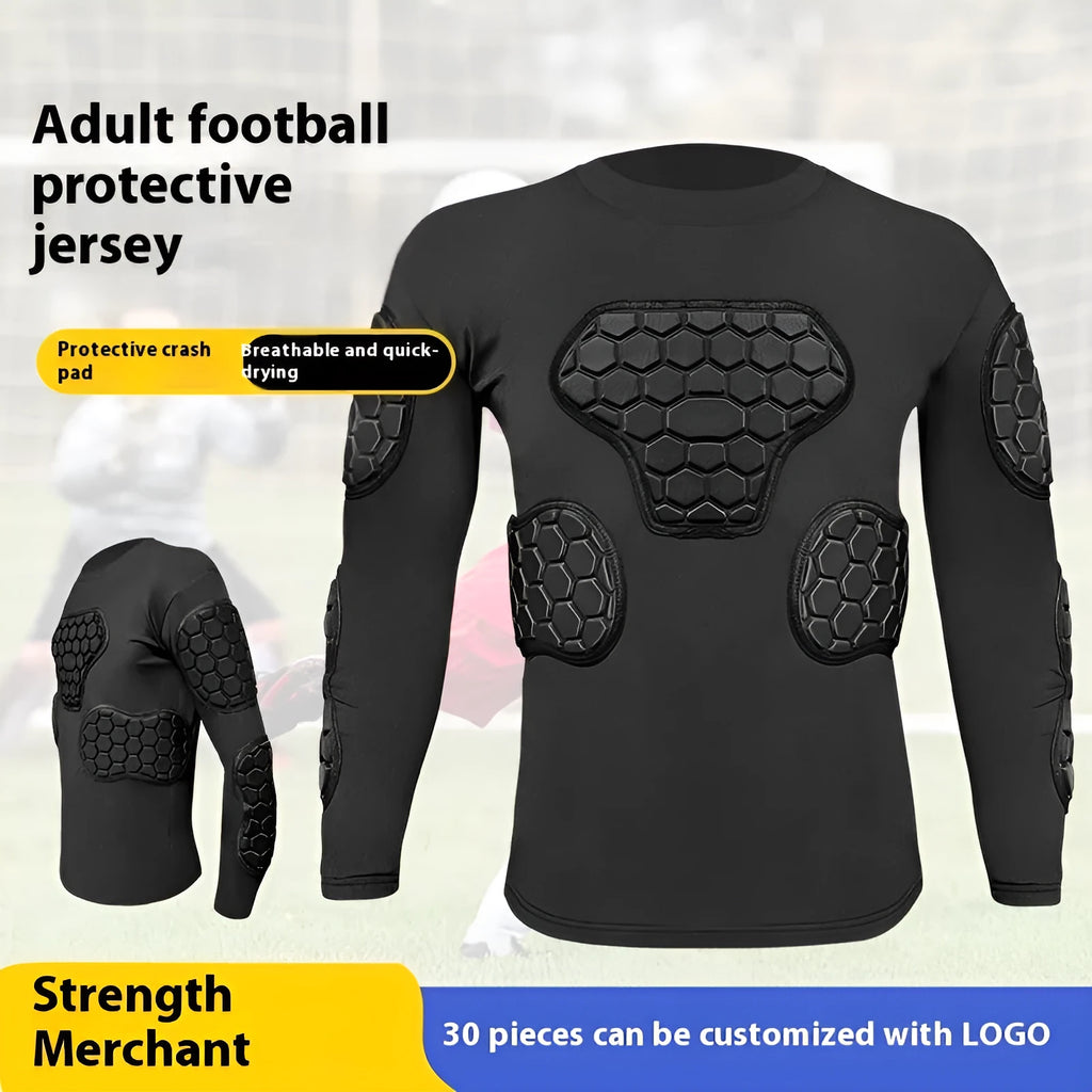 Goalkeeper anti-collision armour set with long-sleeved honeycomb top and trousers, adult male, sizes S to XL
