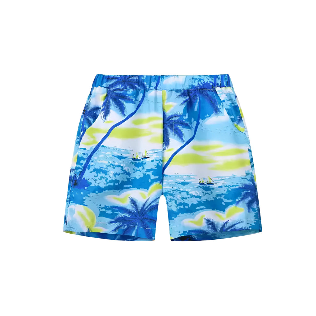 Children's elastic waist beach shorts with colourful coconut tree print, shown in shorts length.