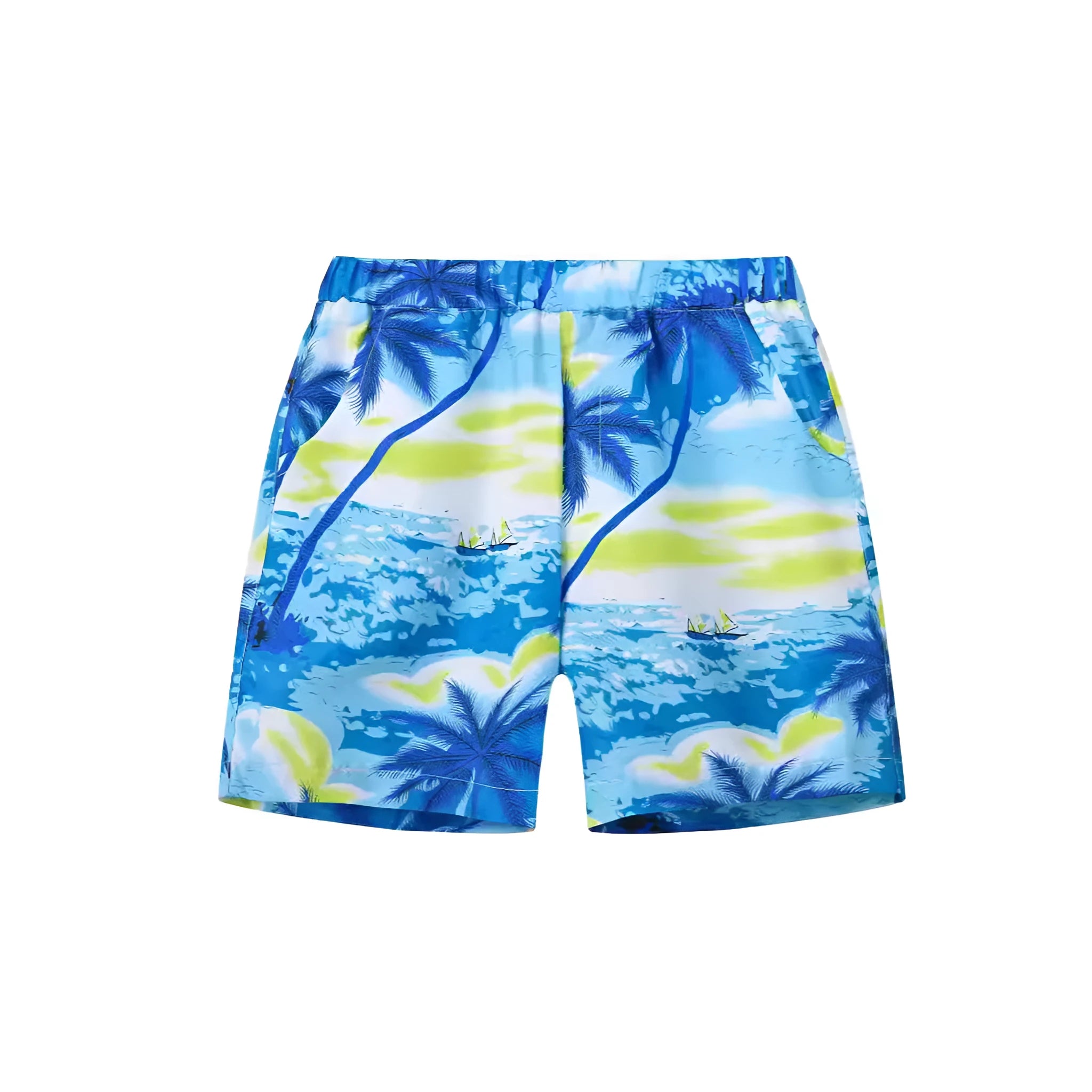 Children's elastic waist beach shorts with colourful coconut tree print, shown in shorts length.