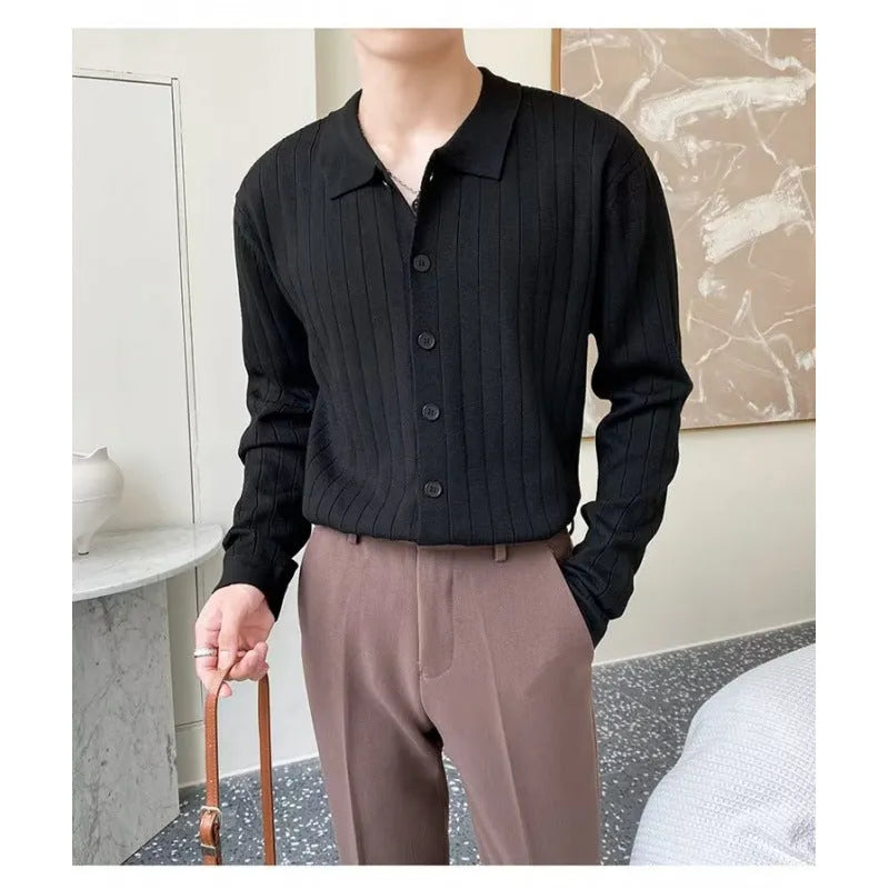 Men's casual loose lapel chenille cardigan sweater in gray, cotton blend, shown on model, front view