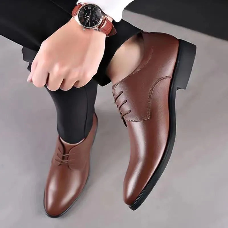 Men's pointed toe business shoes with sequin detail, PU upper, rubber sole, shown in black and brown.