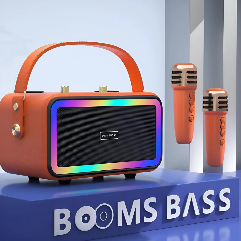 M3201 portable Bluetooth speaker in black, dark brown, or orange red with two microphones.
