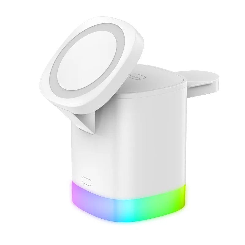 Black foldable 3-in-1 magnetic wireless charging station for iPhone, Apple Watch, and AirPods.