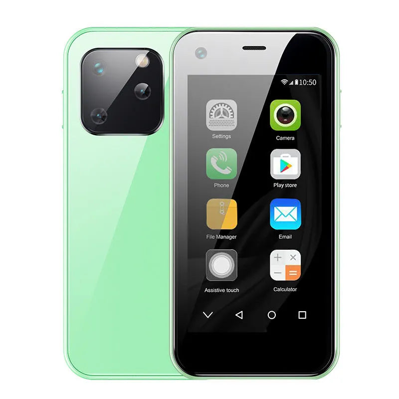 Compact Android smartphone with 2.5-inch screen showing home screen interface