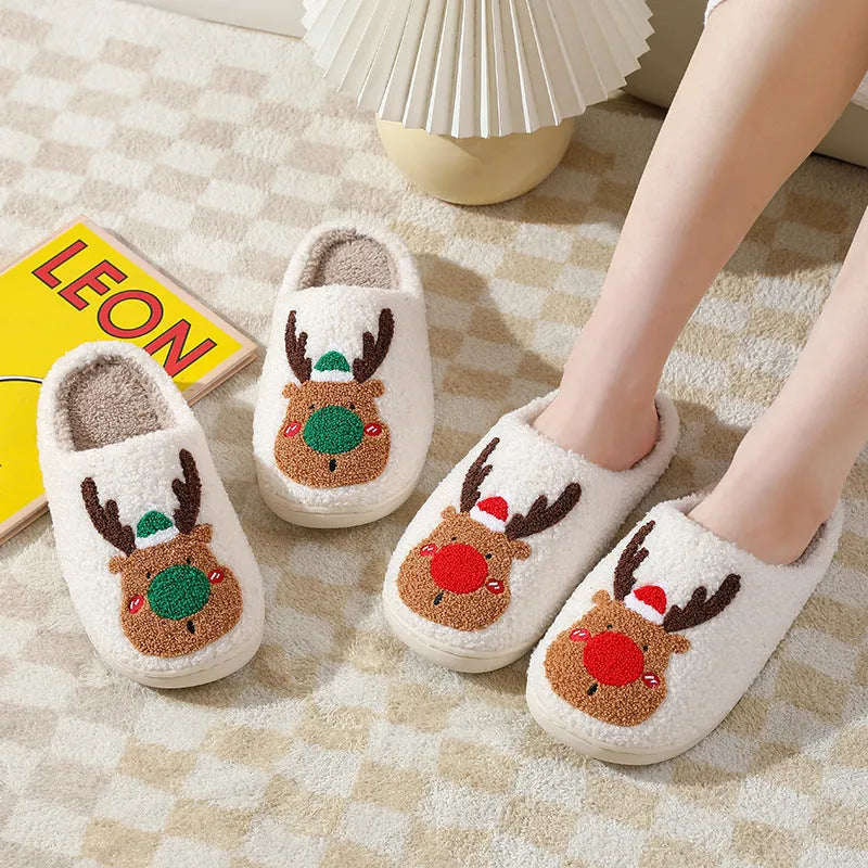 Christmas elk plush house slippers in red and green with anti-slip sole and artificial wool lining