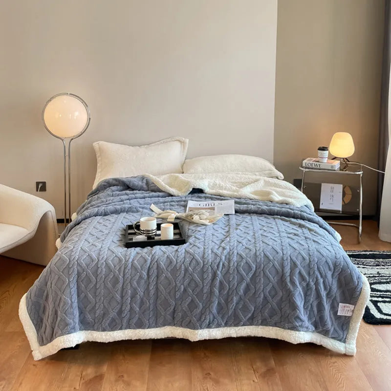 Double bed winter thermal flannel blanket in beige colour showing thickened texture and modern simplicity design