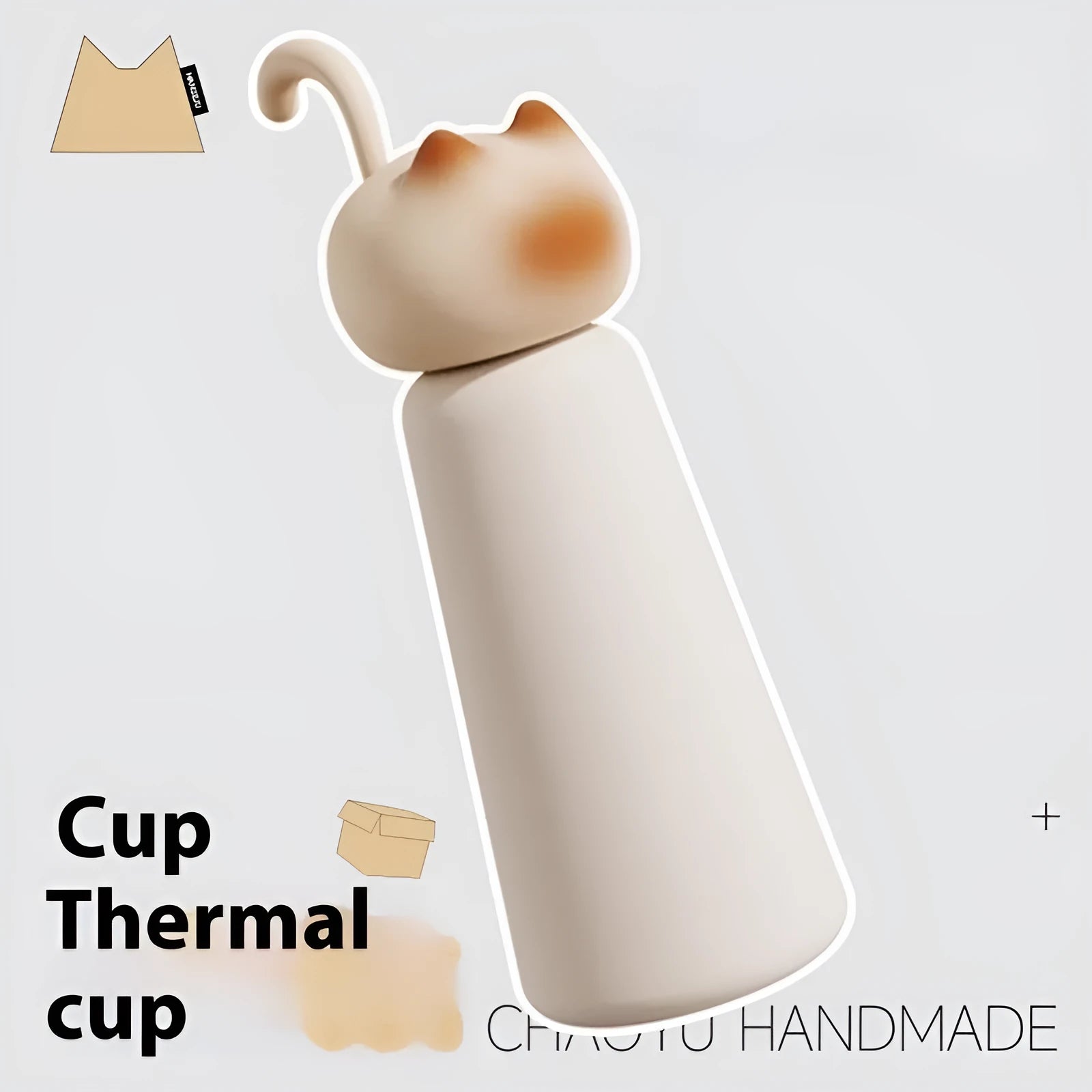 Beige cat-shaped portable thermos cup with 316 stainless steel liner and insulation for 0-6 hours