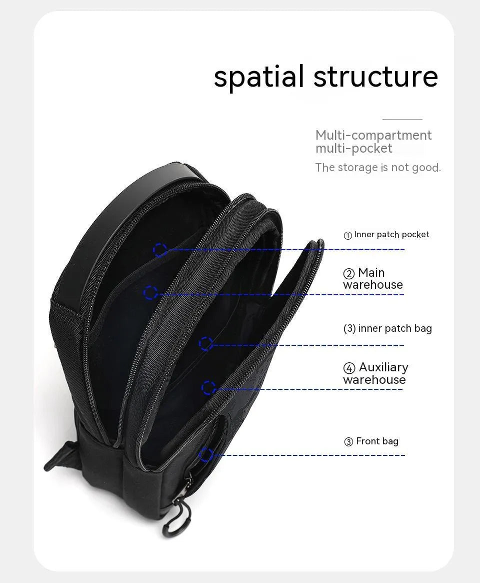 Casual black camouflage chest bag with adjustable strap, shown open to reveal internal phone pocket.