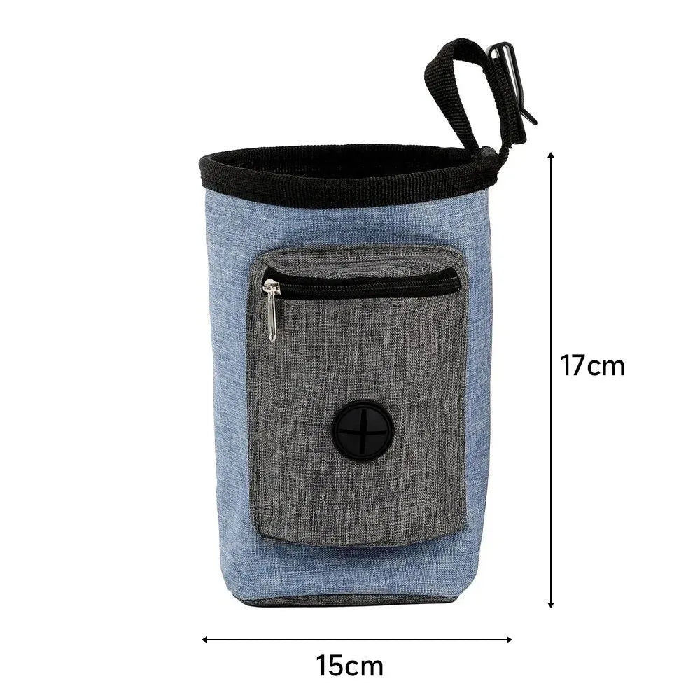 Adjustable waterproof waist bag for dog walking with side clip and multiple pockets.