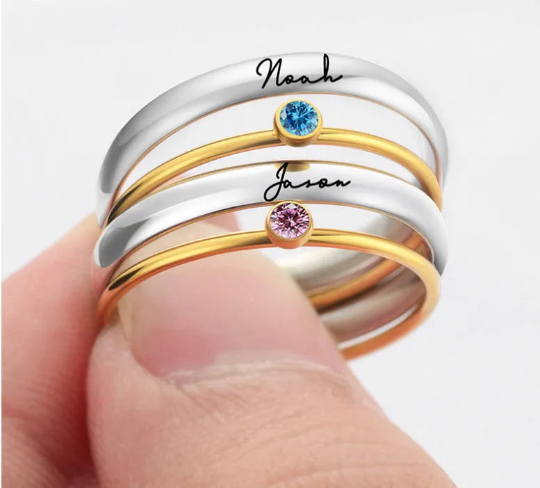 A geometric titanium steel ring featuring a December birthstone engraving.
