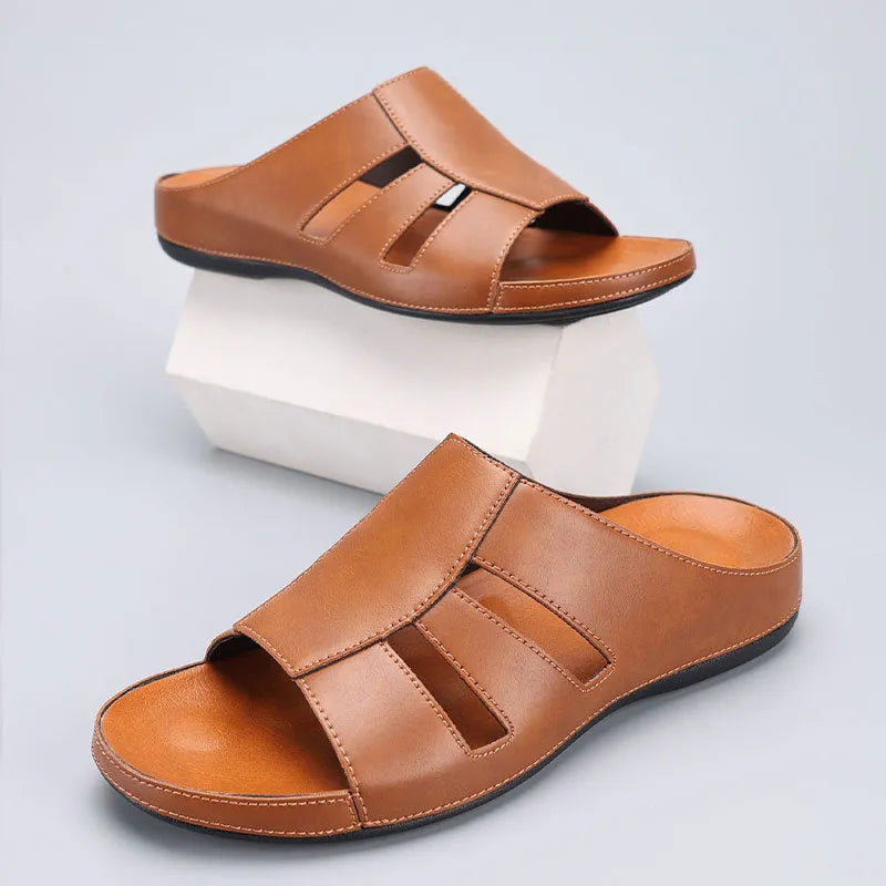 Men's PU leather flip flops in black, khaki, light brown, dark brown, and yellow brown, sizes 40 to 46