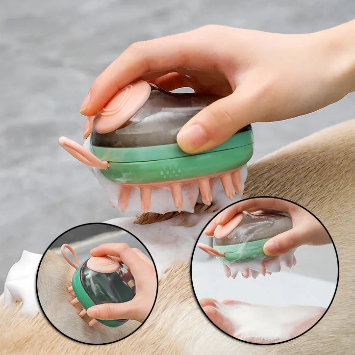 2 in 1 pet bath brush with shampoo dispenser, silicone massage head, non-slip grip, blue or green, 85g