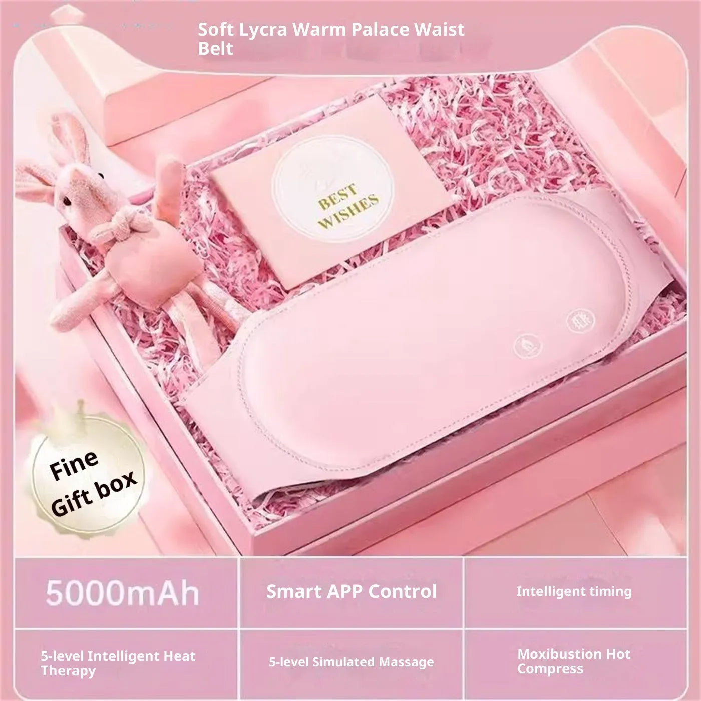 Warm belt with soft Lycra fabric, 5000mAh battery, APP control, and gift box packaging for stomach ache relief