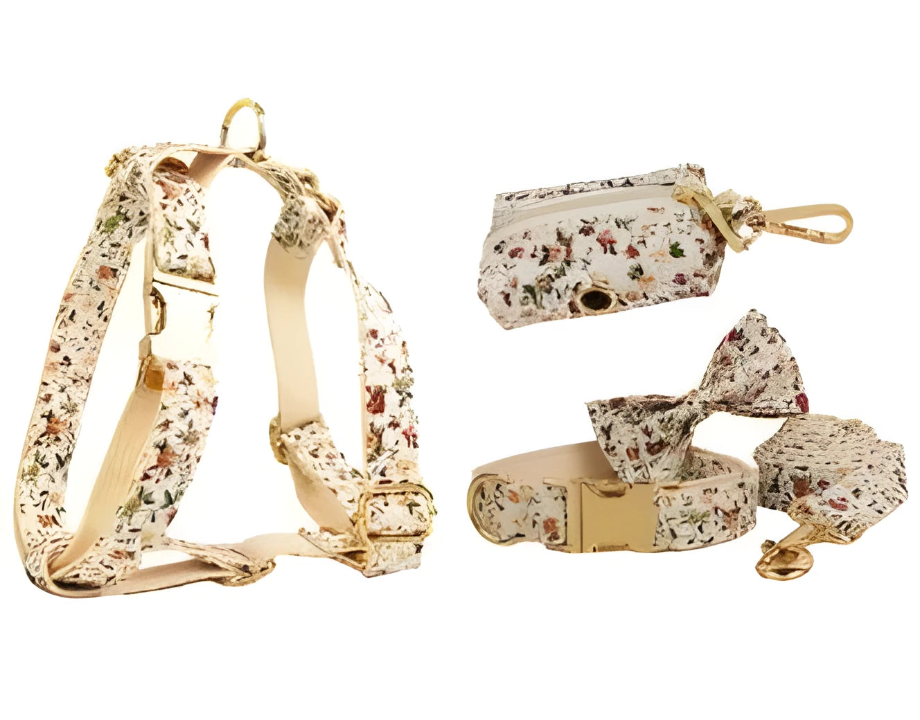 Small white flower pet dog collar suit set with bow decoration and matching accessories