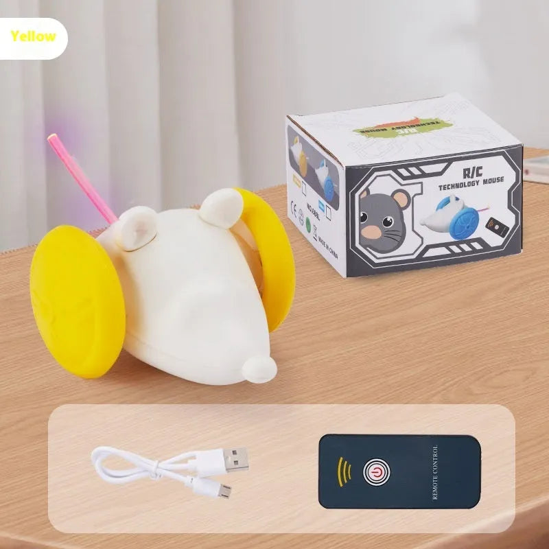 Electric cat toy mouse with remote control in blue and yellow colour options for indoor pet play