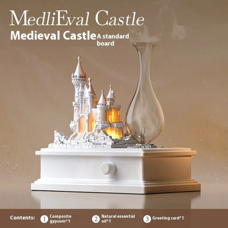 White medieval castle-shaped waterless aromatherapy machine with ambient light on a surface