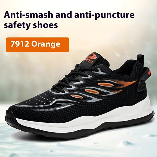 Orange lightweight labour protection safety shoes with leather upper and rubber sole