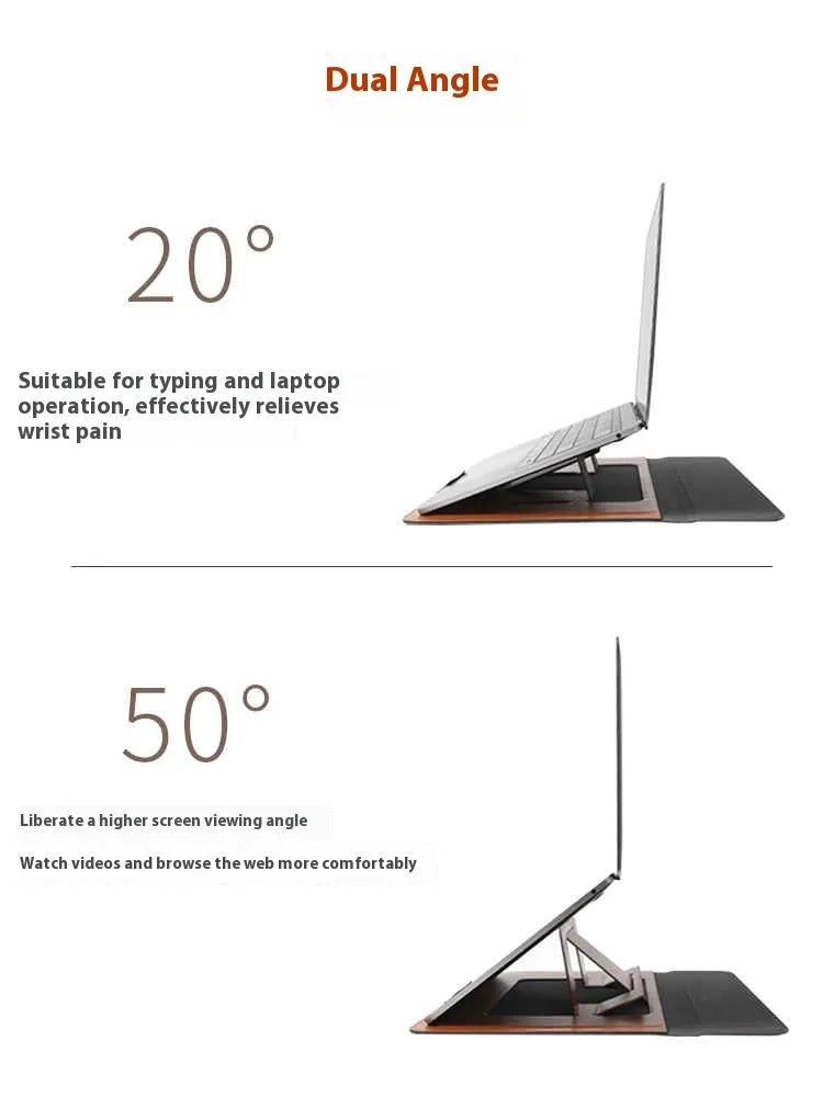Brown 13.3 inch laptop bracket bag shown open with integrated stand deployed.