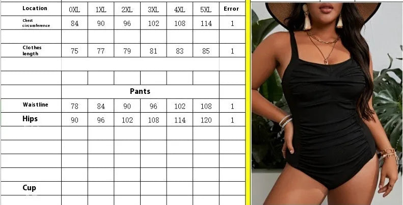 Black plus size one-piece swimsuit for women on a mannequin, showing sleeveless bikini style.