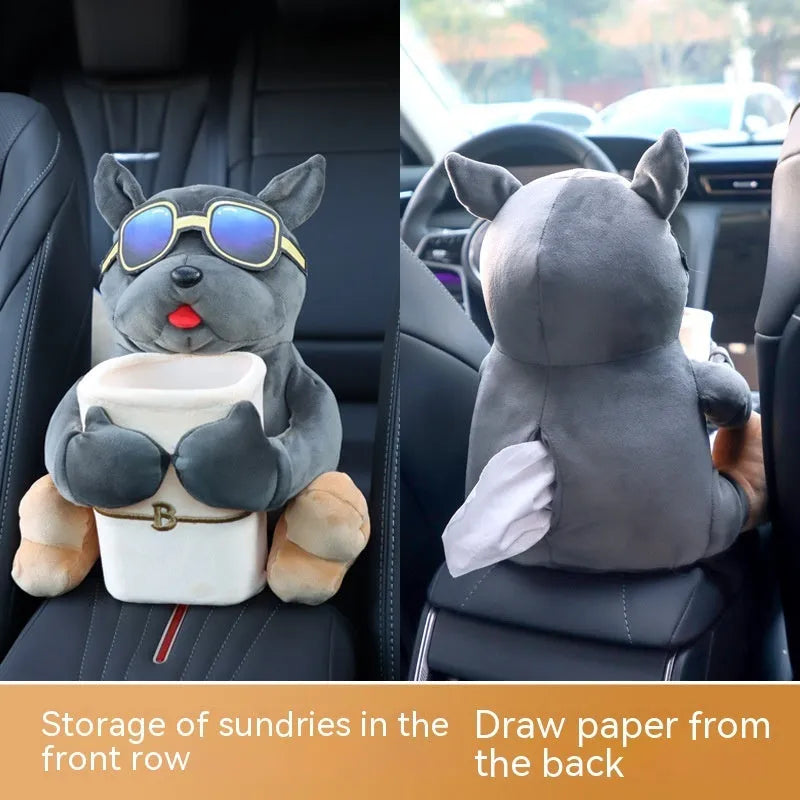 Plush car tissue box hanging from vehicle armrest in character design