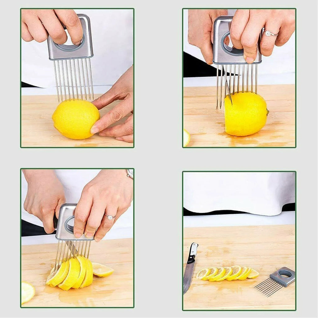 Stainless steel onion holder slicer with sharp prongs and a separate finger guard on a kitchen counter.