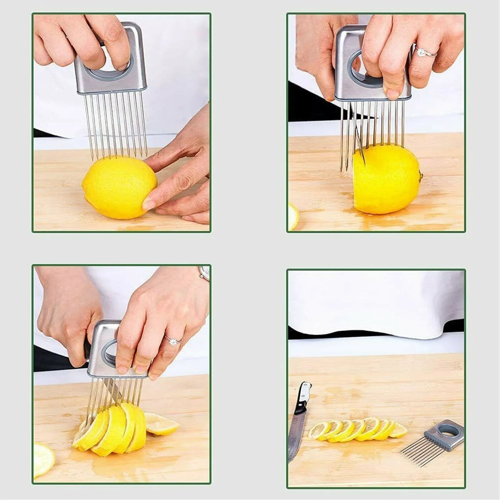 Stainless steel onion holder slicer with sharp prongs and a separate finger guard on a kitchen counter.