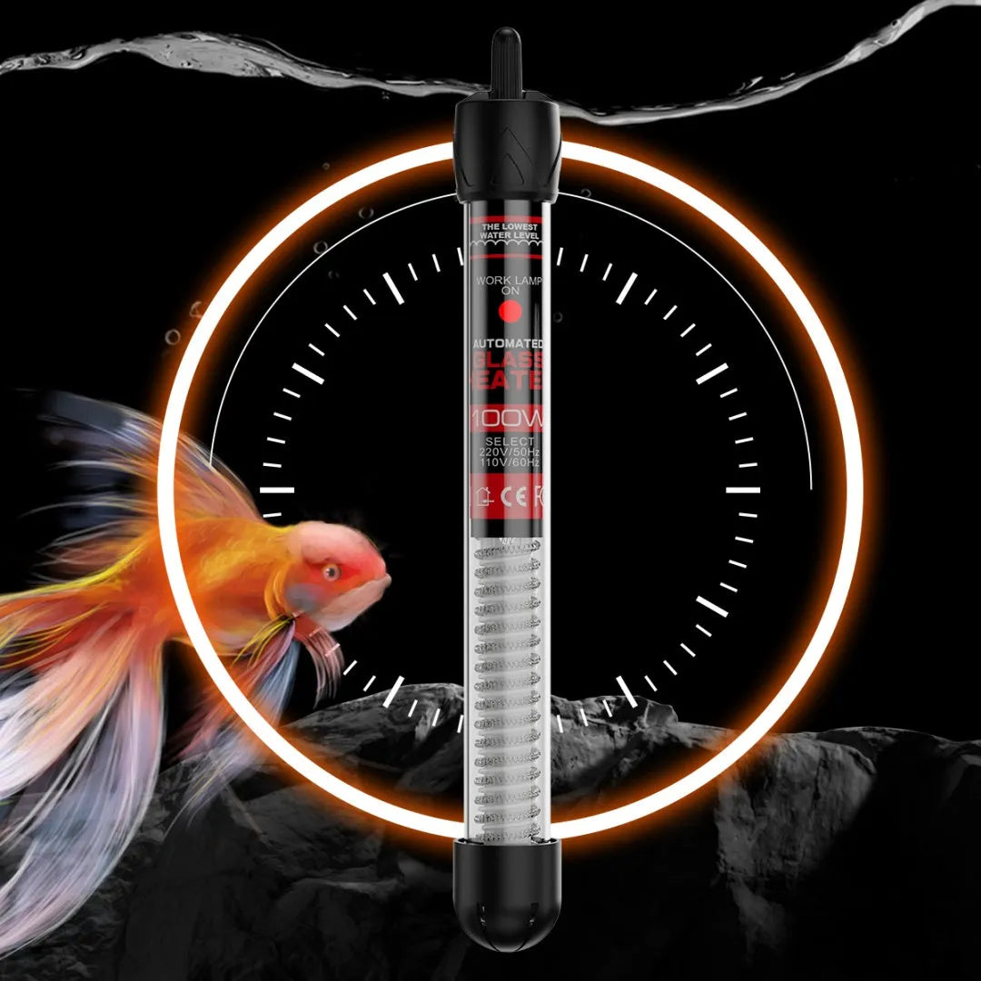 Aquarium glass pipe heater with quartz thermostat for fresh and sea water tanks, available in 25W to 300W.