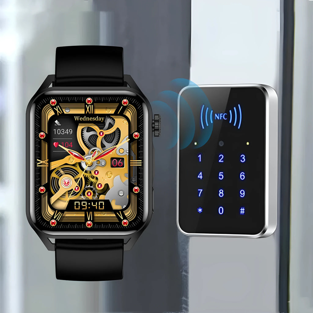 AMOLED smart watch with 1.8 inch display in black colour with silicone wrist strap