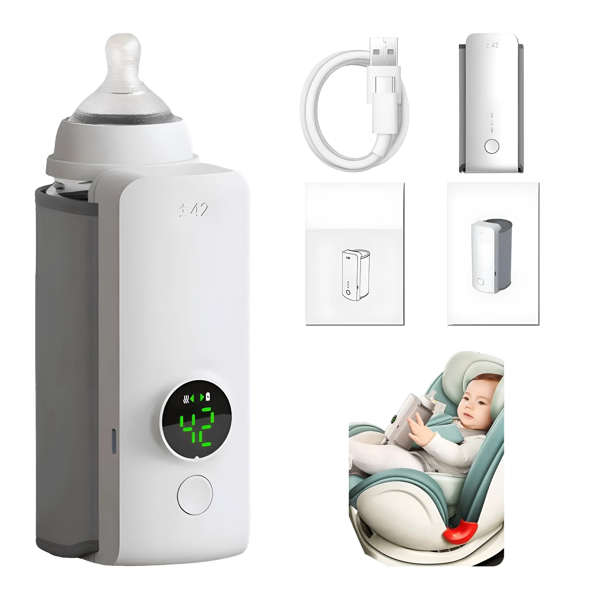 Grey portable baby bottle warmer with USB charging cable and wrap-around heating design