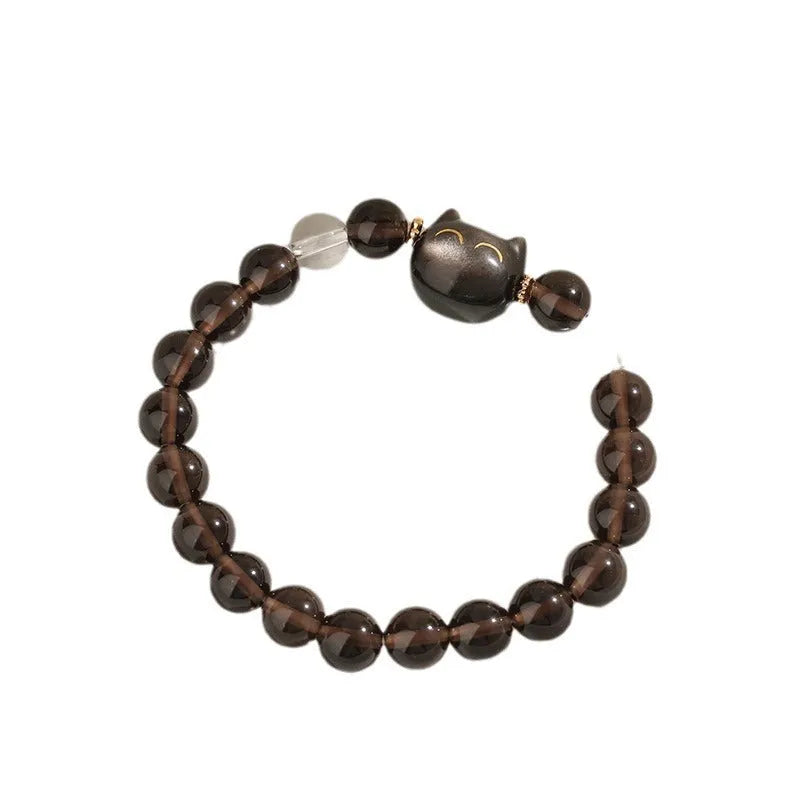 Women's silver bracelet with cat head charm and ice stone opal beads