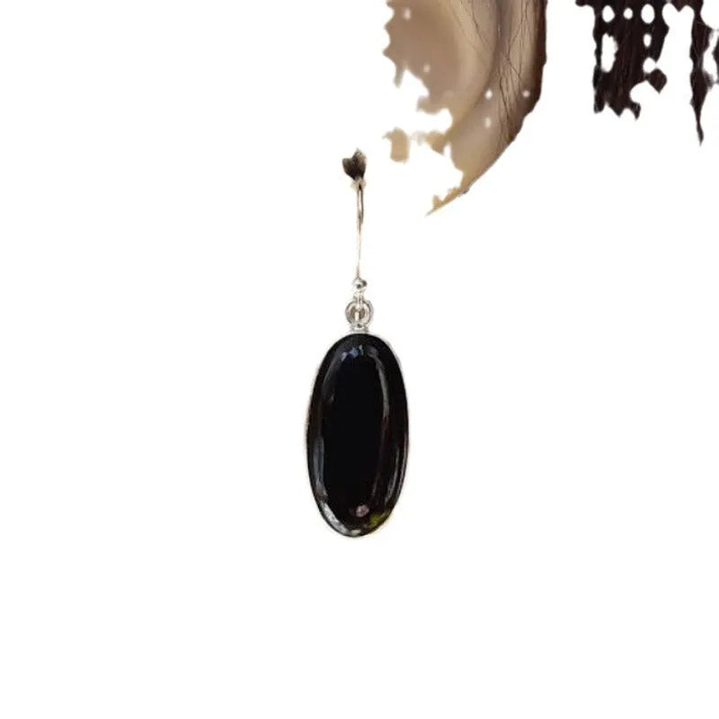 Women's 925 silver earrings with oval black agate pendants and geometric Chinese styling