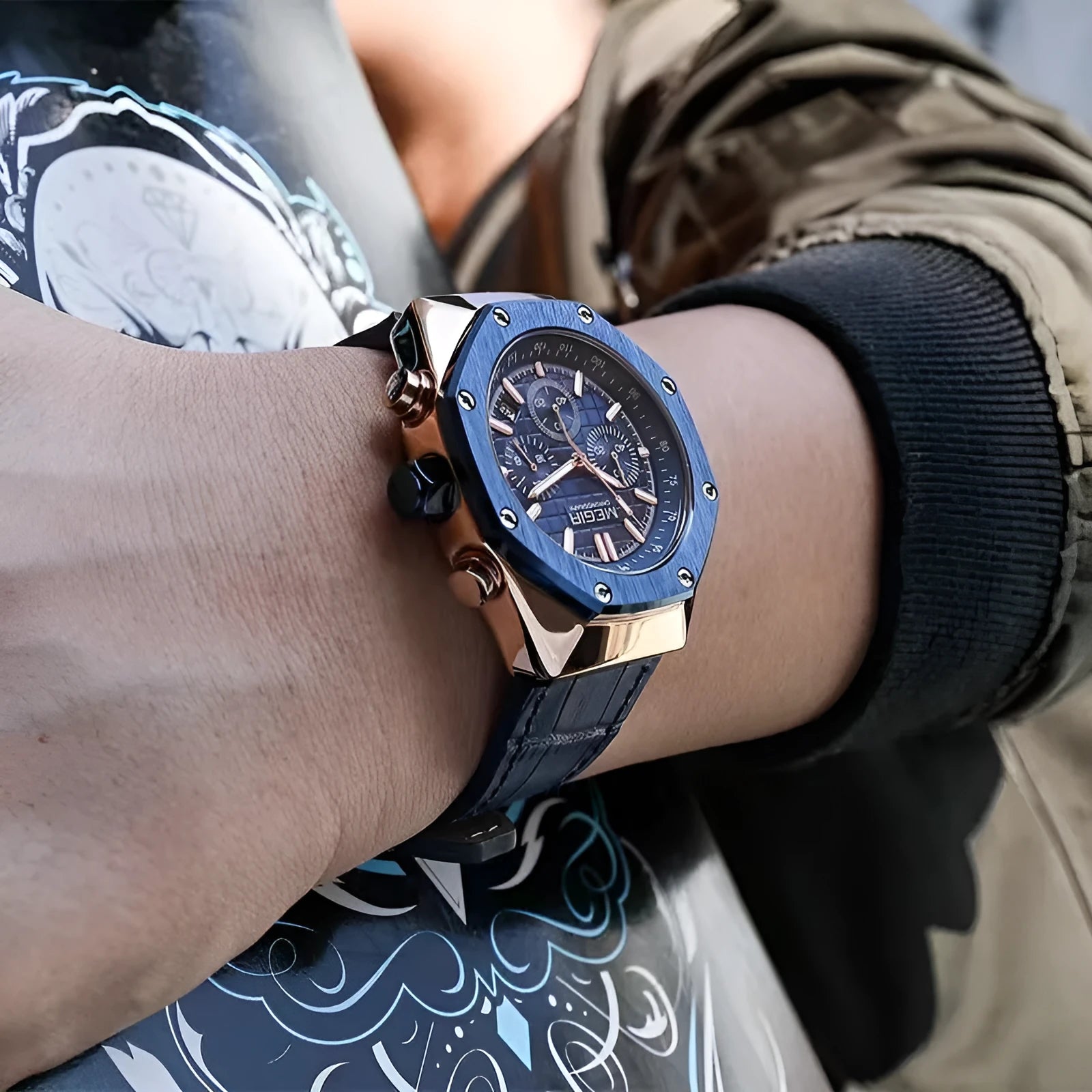 Men's multifunctional waterproof quartz watch showing three colour variations on wrist