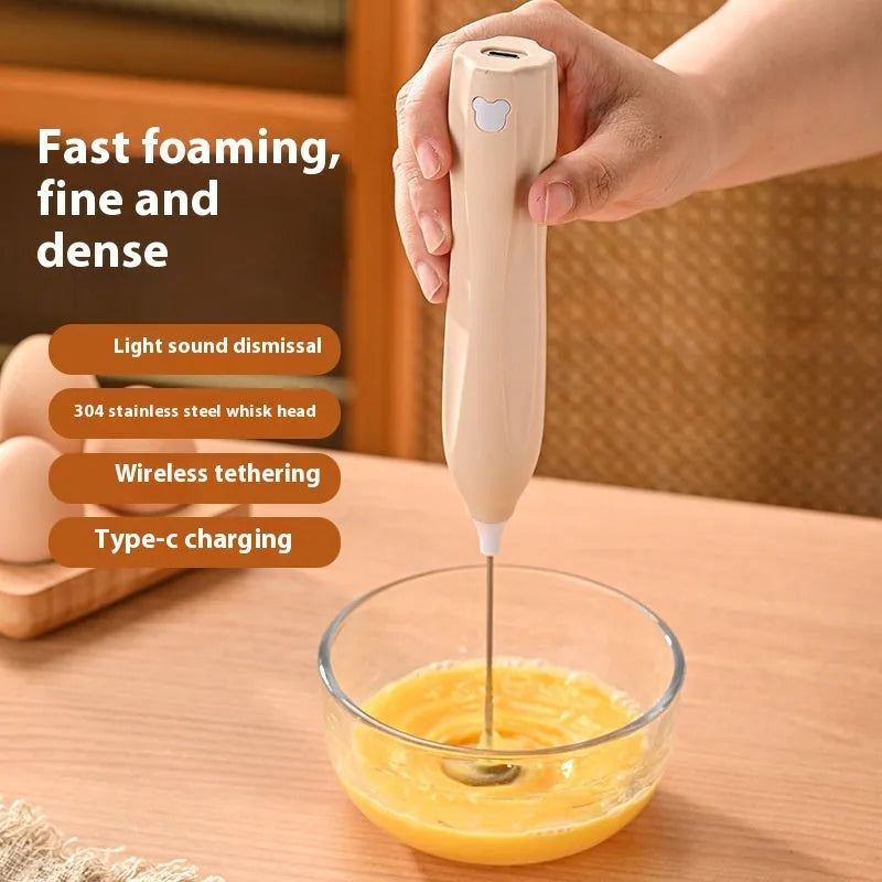 Mini milk frother with 304 stainless steel shaft, three-speed control, Type-C charging, beige colour