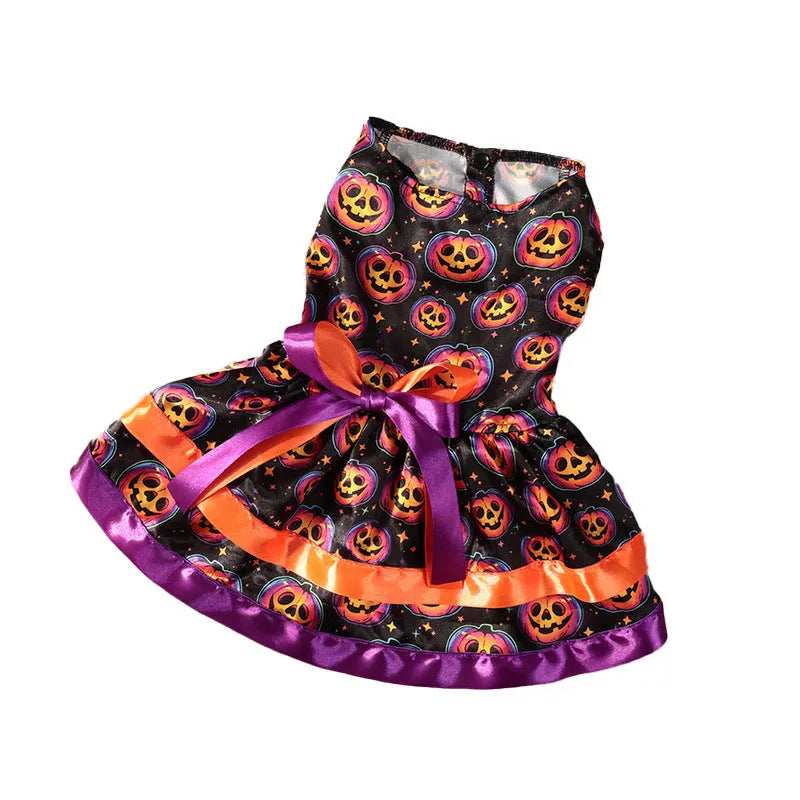 Halloween dog skirt in colourful pumpkin print, double-layer design, shown on a medium-sized dog.