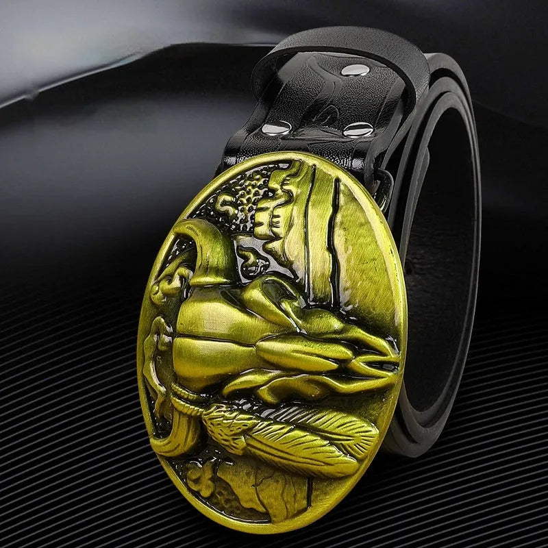 Men's brown imitation leather belt with detailed cow head alloy buckle showing carving and embossing details