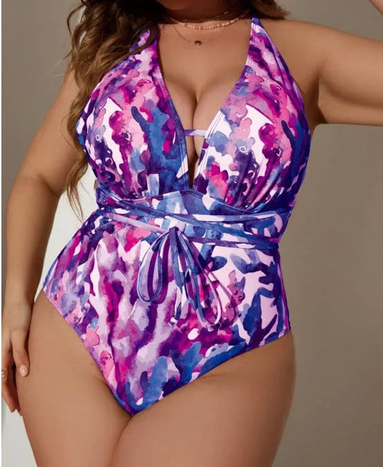 Solid colour one-piece halter bikini swimsuit in purple or blue for women's swimming