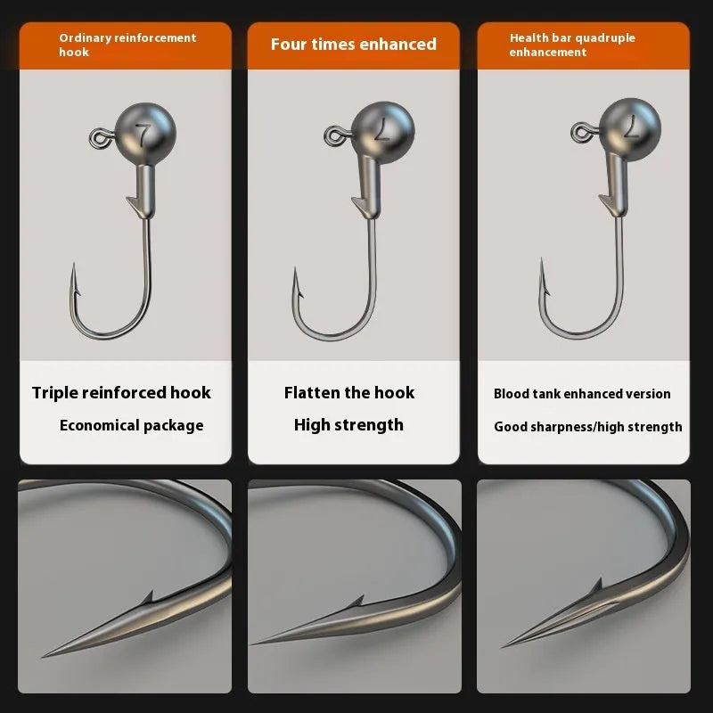 Pack of 50 strengthened steel jig hooks with a single lead-headed fishing hook.