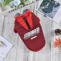 Red and blue V-shaped cotton dog coat shown in multiple sizes