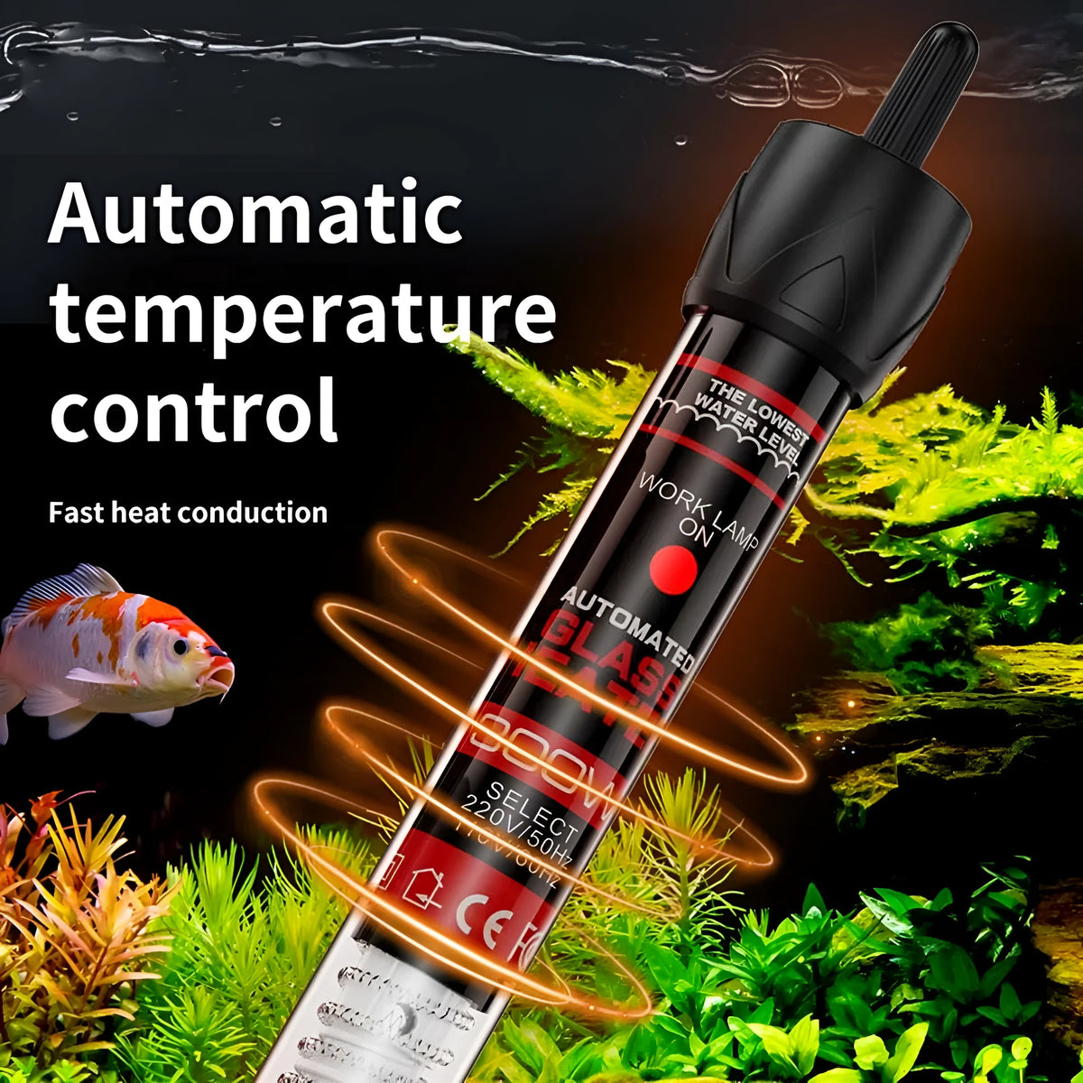 Aquarium glass pipe heater with quartz thermostat for fresh and sea water tanks, available in 25W to 300W.