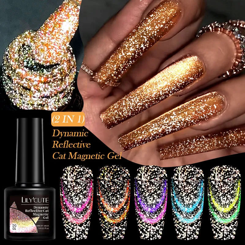 Cat eye series UV nail polish gel bottle with diamond glitter in one of six colour styles, next to nail glue.