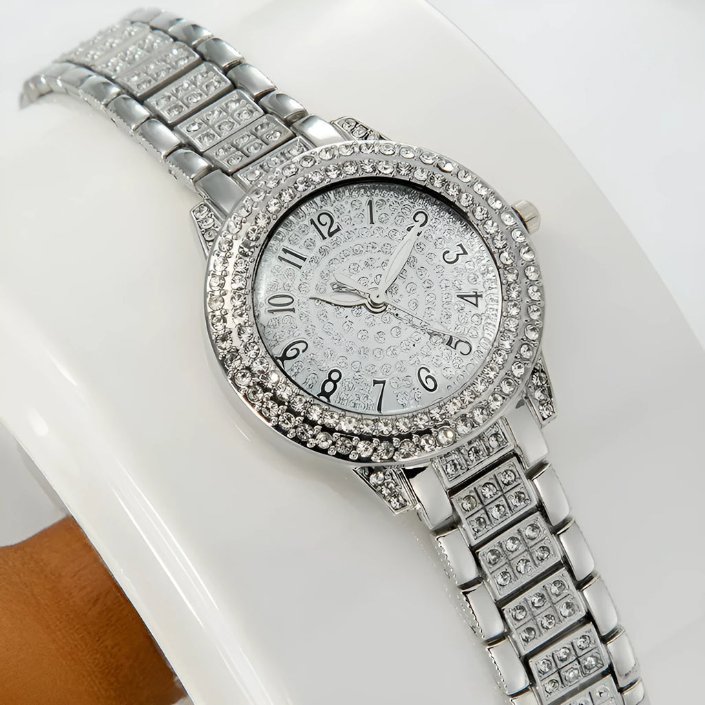 Women's starry rhinestone quartz analogue watch with gold Roman numeral dial and alloy bracelet