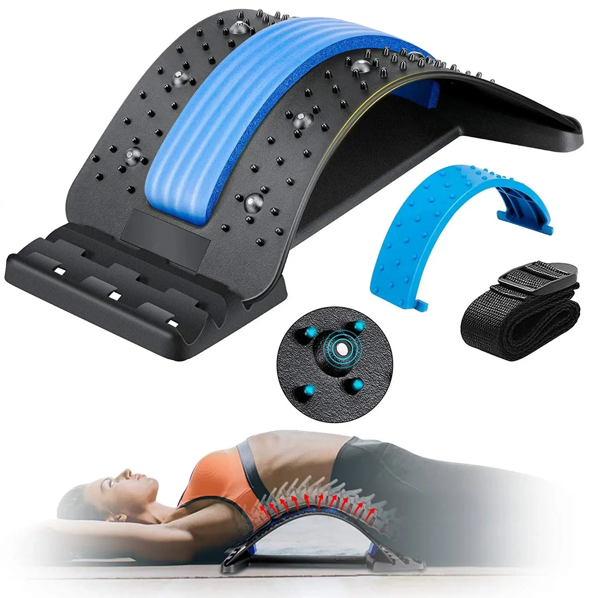 Lumbar vertebra retractor waist brace in blue black with PP fabric, needle magnetic three-gear massage and cotton strips