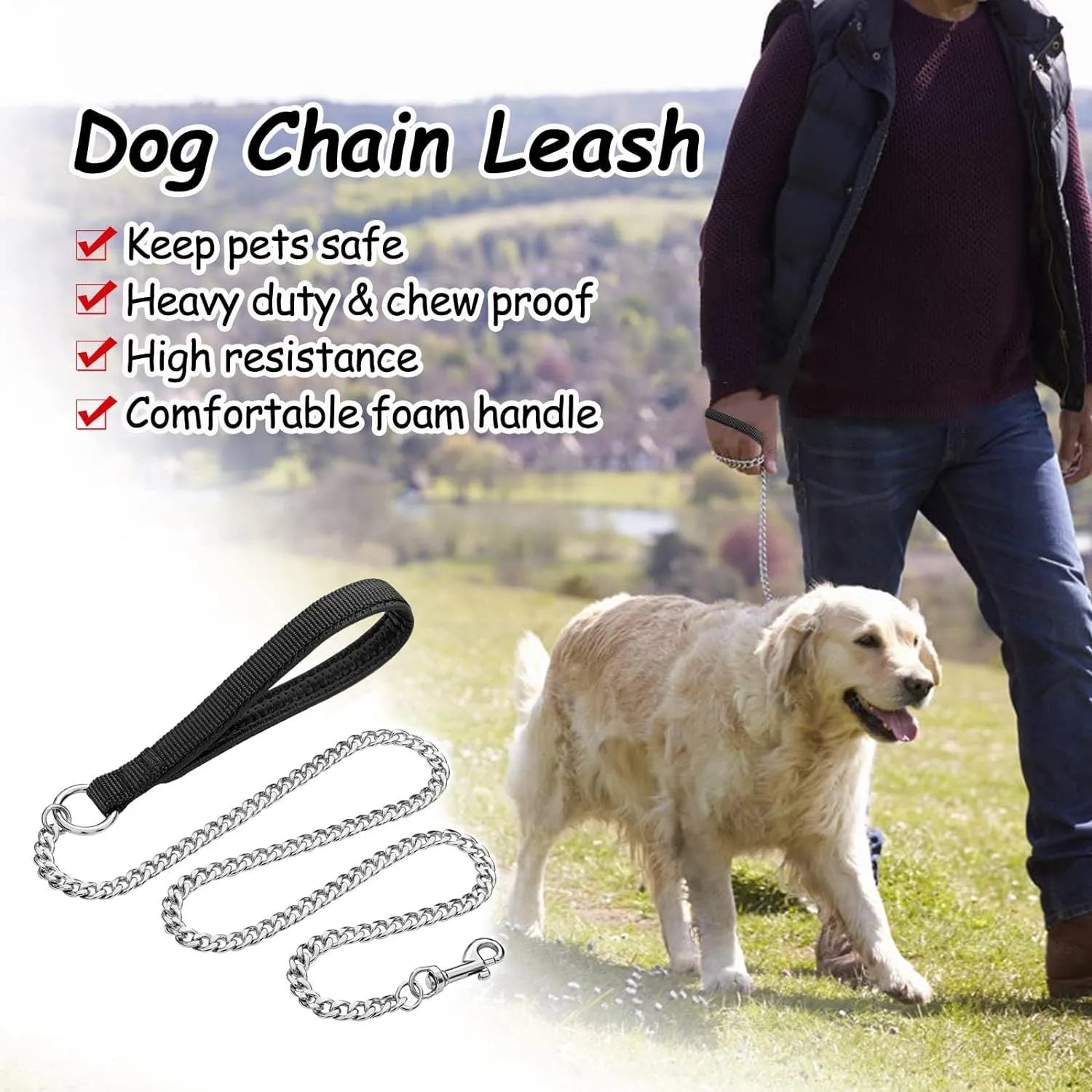 Heavy duty metal dog chain leash with a soft black padded handle.