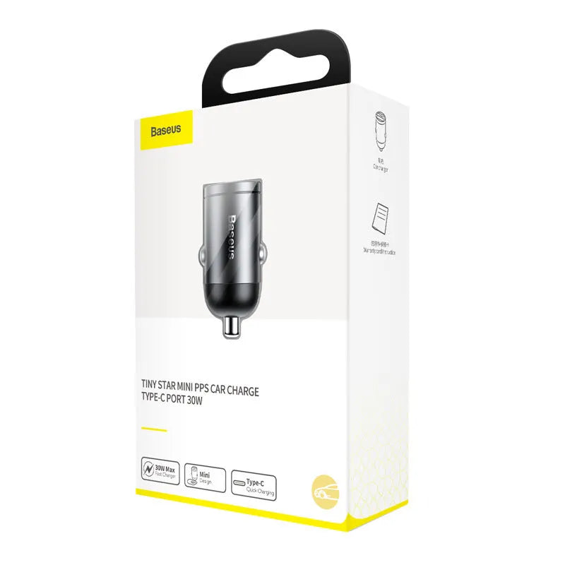 Baseus electro-optical grey 30W PPS fast-charge USB car charger with one-metre cable.