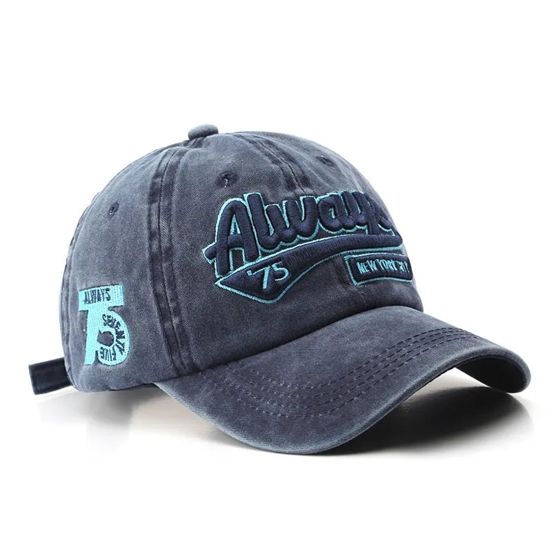 Letter embroidery baseball cap in cotton twill with curved brim and adjustable size, shown in yellow.