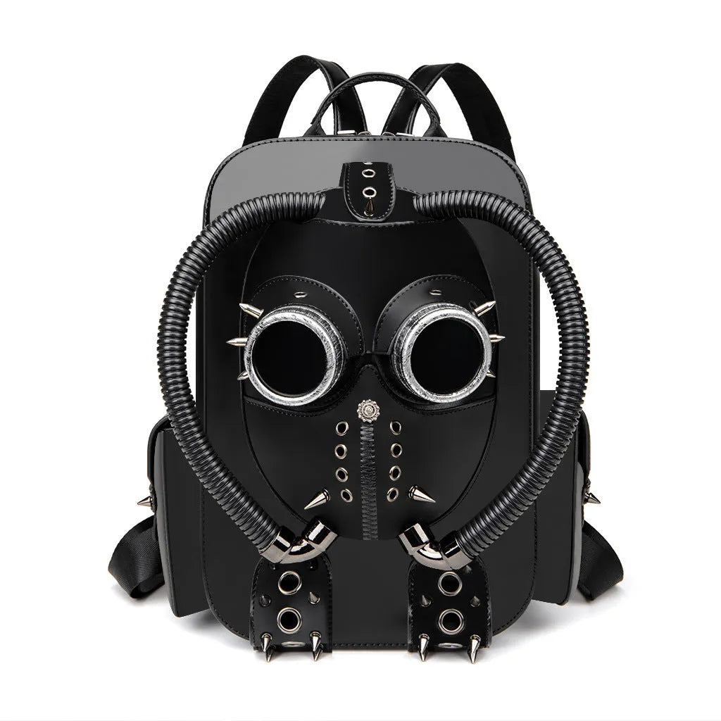 Black men's backpack with skull motif and silver studs on a structured PU body.