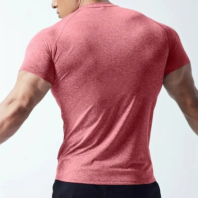 Men's black quick-dry stretch short sleeve running t-shirt on a hanger.