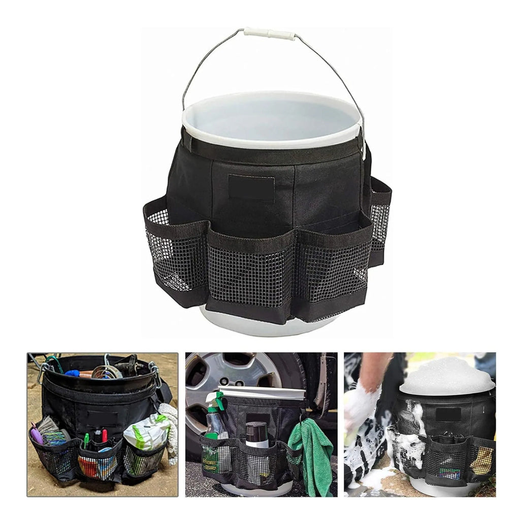 Black cylindrical polyester hanging storage bag for 5 gallon barrel tools and organiser.