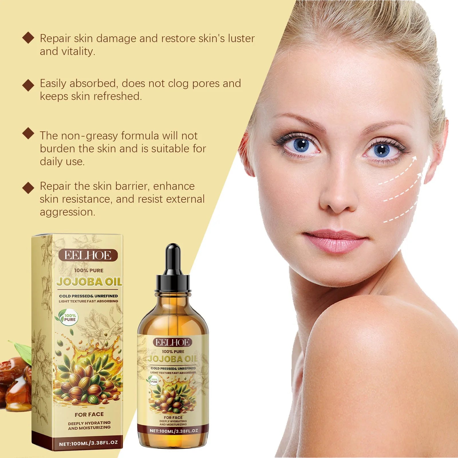 EELHOE Jojoba Face Oil 100ml bottle for facial moisturising brightening and firming skincare