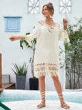 Apricot hand-crocheted beach dress with openwork pattern and lining, shown as swimsuit cover-up